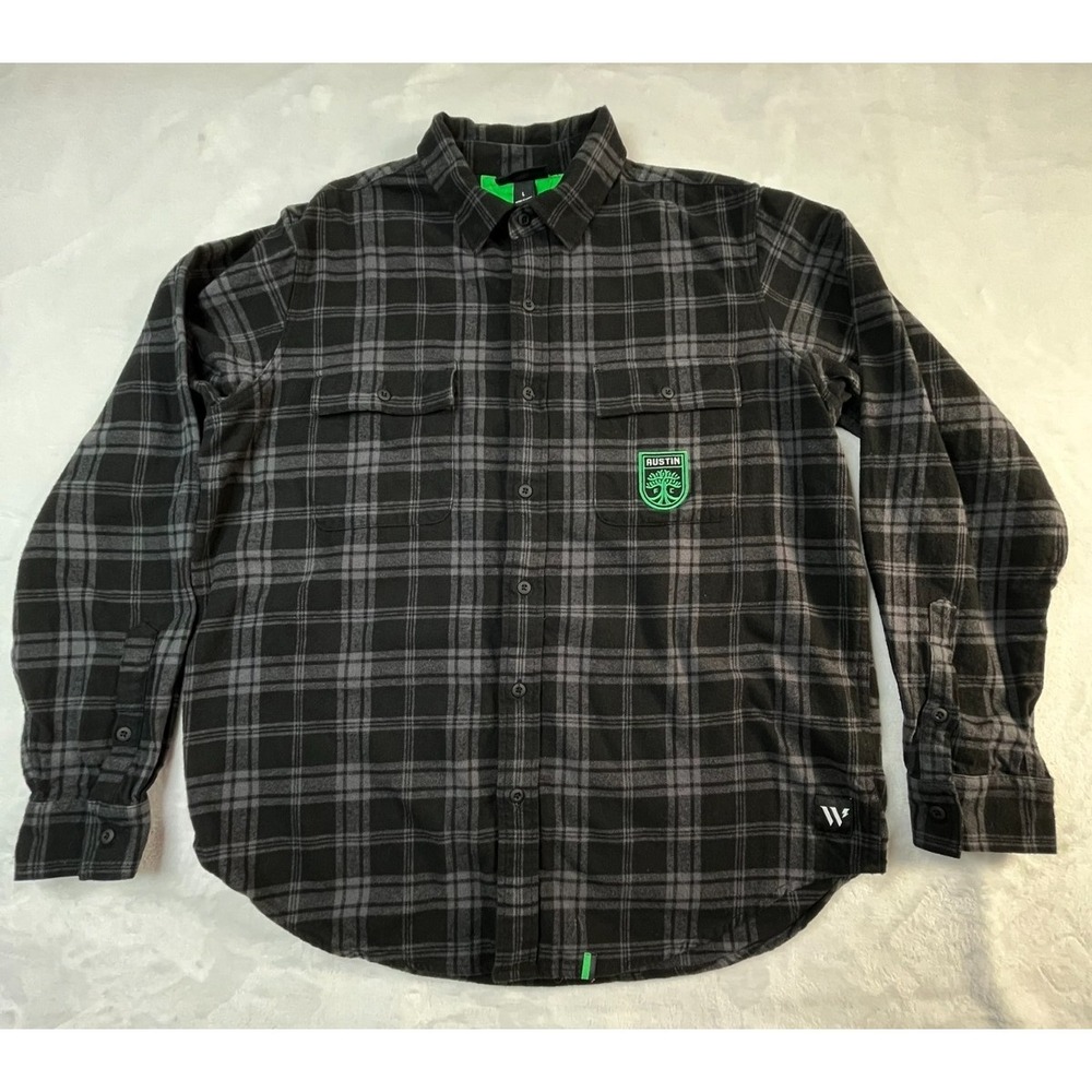 AUSTIN FC‎ Mens L Flannel Shirt black Plaid Embroidered The Wild Collective